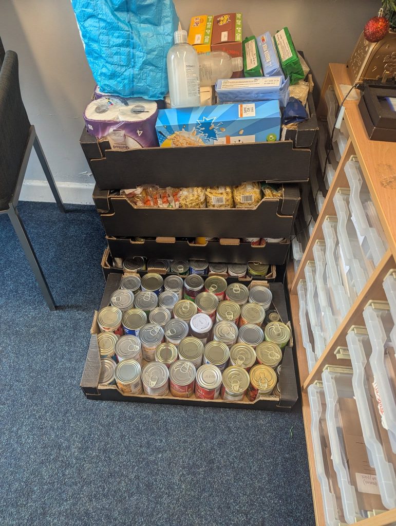 A photo of just some of the food and non-perishable items that have been donated for the Foodbank and Tombola.
